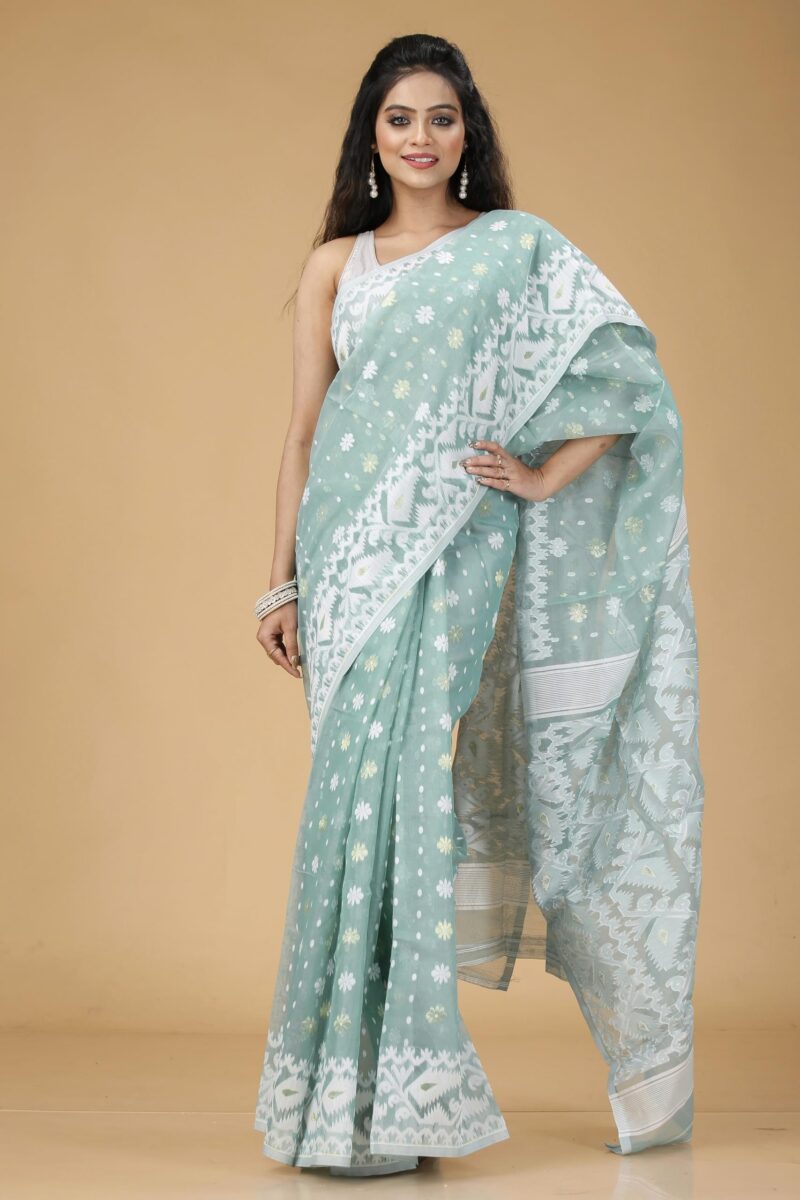 OISHANI SAREE GHOR Women's Traditional Bengal Cotton Silk Soft Jamdani Saree - Beautiful design and Quality - Without Blouse Piece (Pastel Turquoise) - Image 4