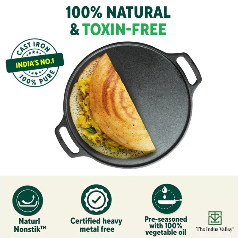 The Indus Valley Pre-Seasoned Cast Iron Tawa for Dosa/Chapathi | 30.2cm/11.8 inch, 2.4kg | Induction Friendly | Nonstick, Pre-Seasoned Tawa, 100% Pure & Toxin-Free, No Chemical Coating, Black - Image 7