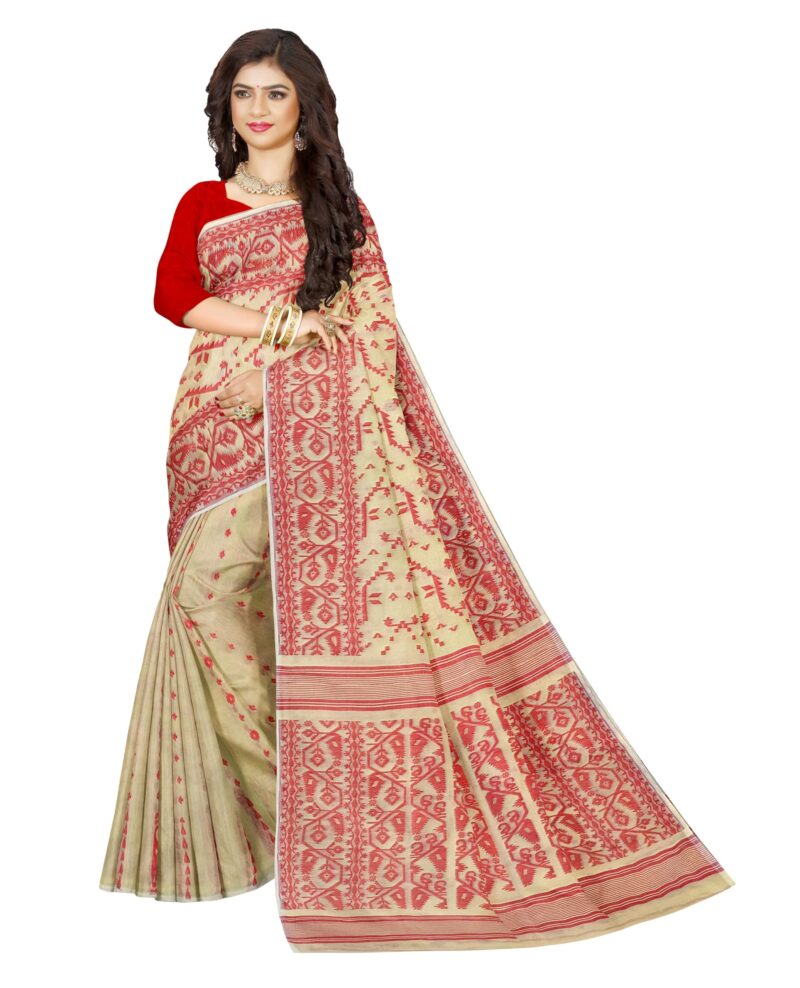 Mayabi Women's Off White & Red Dhakai Jamdani Cotton Silk Saree Traditional Bengali Tant Korat Work, Without Blouse Piece, Starched Texture