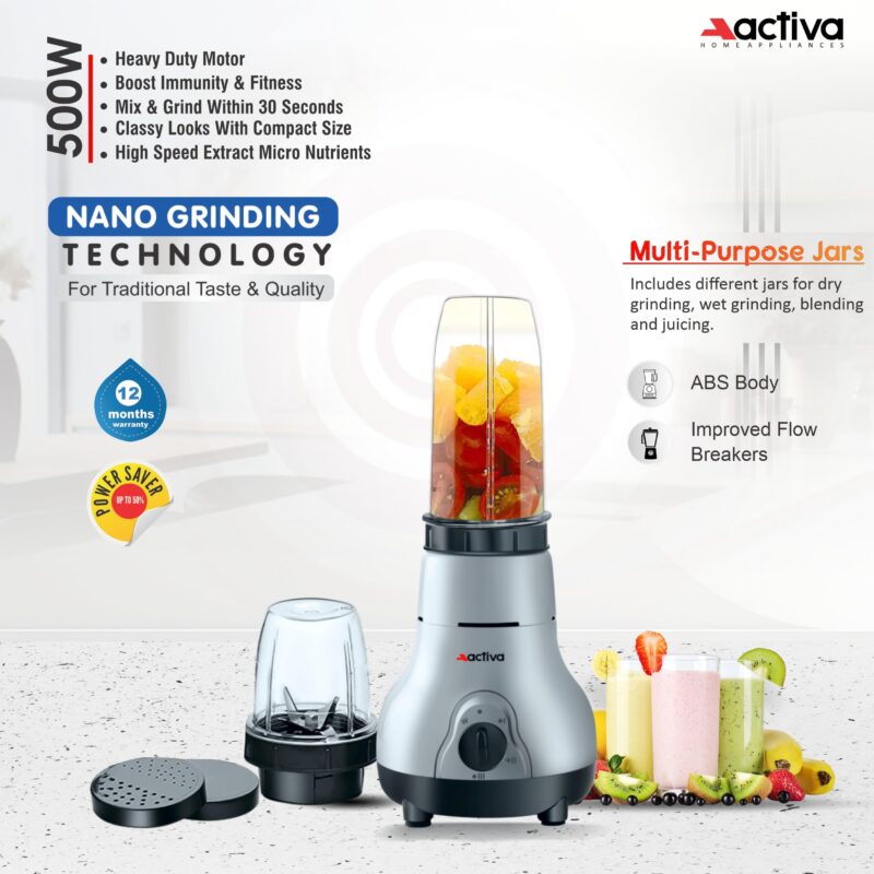ACTIVA Easy Mix Nutri 2 Jar Mixer Grinder Powerful 500 Watt Motor | Long Lasting Shock Proof Abs Body | Heavy Duty Motor With Nano - Grinding Technology, Black come with 2 year warranty - Image 7