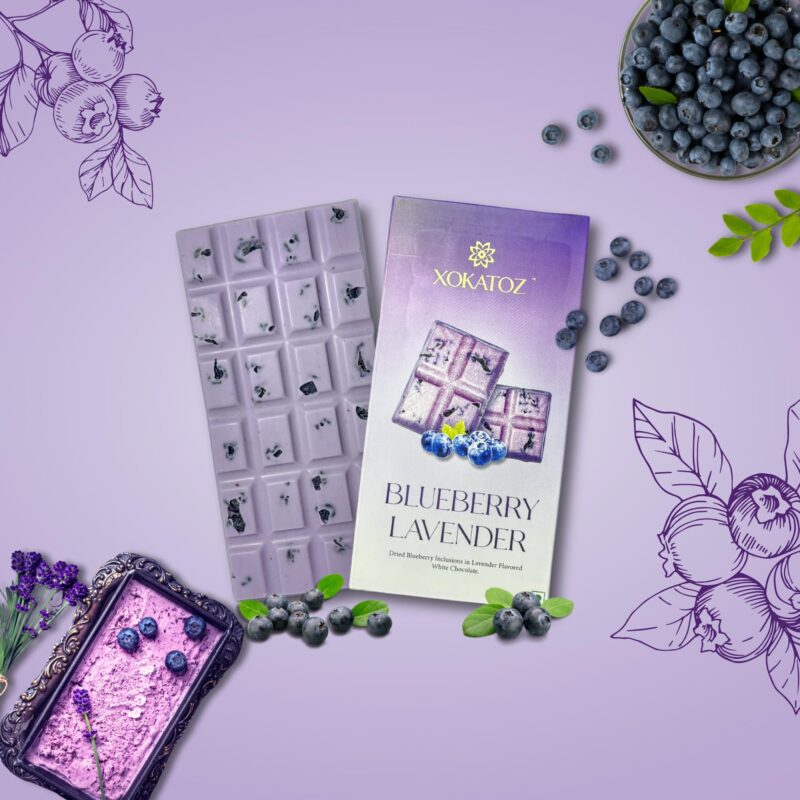 XOKATOZ Exotic Premium Chocolate - 1 Mixed Berries and 1 Blueberry Lavender Flavours - Flavoured White Chocolate Bars - Gift set - Pack of 2, 150g (75g x 2) - Image 5