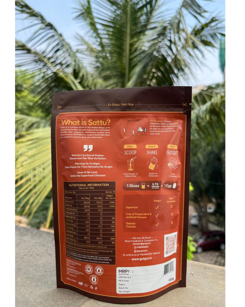 GutGut Sattu Powder | Instant Drink Mix | 100% Natural & Gluten Free Chana Sattu | 30 Glasses 900 grams - Masala Twist Flavour (450g X Pack of 2) - Image 4