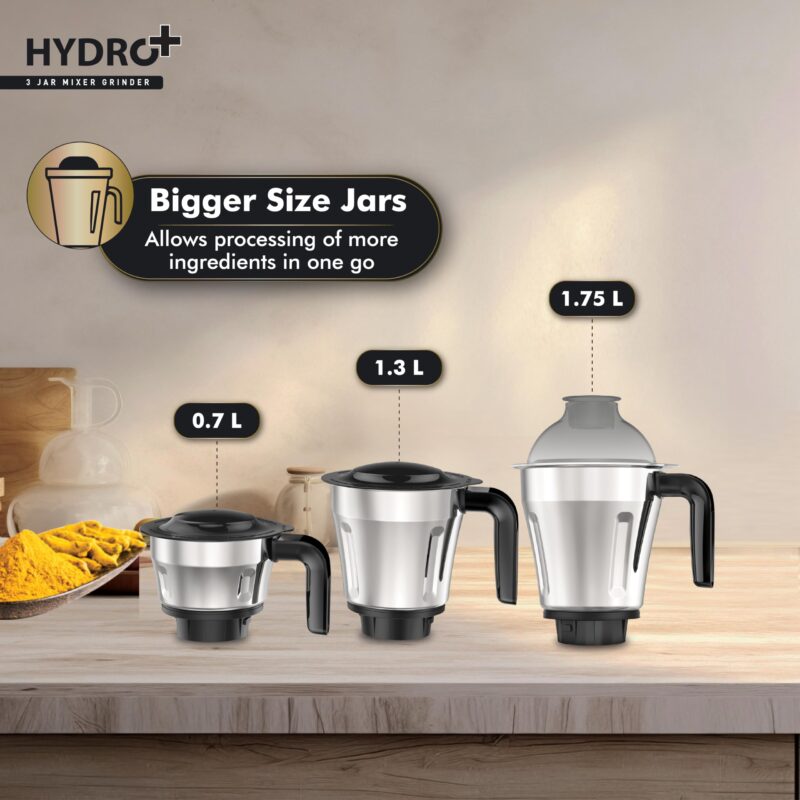 Havells Hydro Plus 1000 watt 3 Jar Mixer Grinder with Ball Bearing Motor, 22000 RPM, Wider mouth Stainless Steel Jar, Hands Free operation, SS-304 Grade Blade & 2 Yr Manufacturer Warranty - Image 6