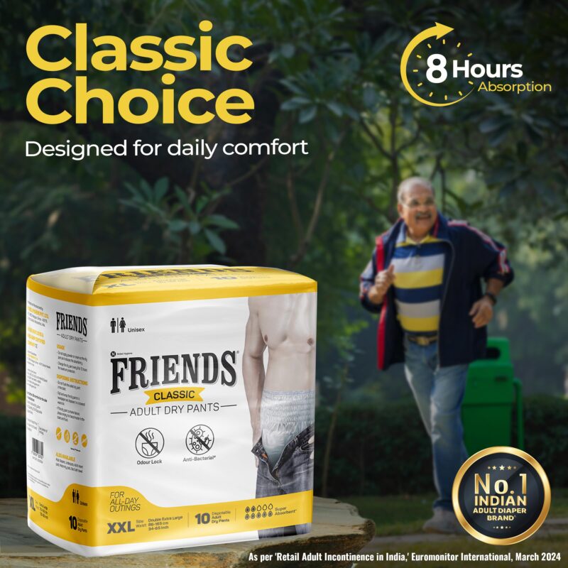 Friends Classic Adult Diapers Pants Style - 30 Count (Double Extra Large) with odour lock, Unisex, Leakproof, Elastic Waist and Anti-Bacterial Absorbent Core - Waist Size 34-65 Inch; 86-165 cm - Image 6
