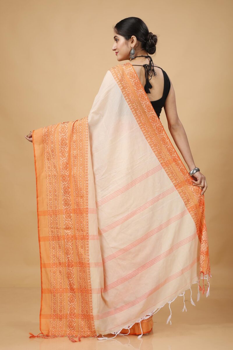 OISHANI SAREE GHOR Women's Traditional Bengal Begampuri Cotton Saree With Blouse Piece. (Muga Orange) - Image 6
