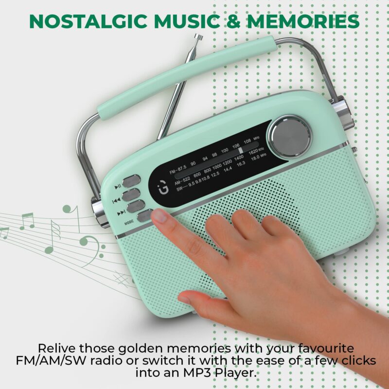 iGear Evoke Retro Modern style Radio and MP3 player with FM/AM/SW, 3 bands, Bluetooth, USB, TF/SD Card, 1200mAh rechargeable battery, Solar charger, Material ABS and Metal, Colour Pearl Blue and Silver, 1 Year Free replacement warranty. - Image 3