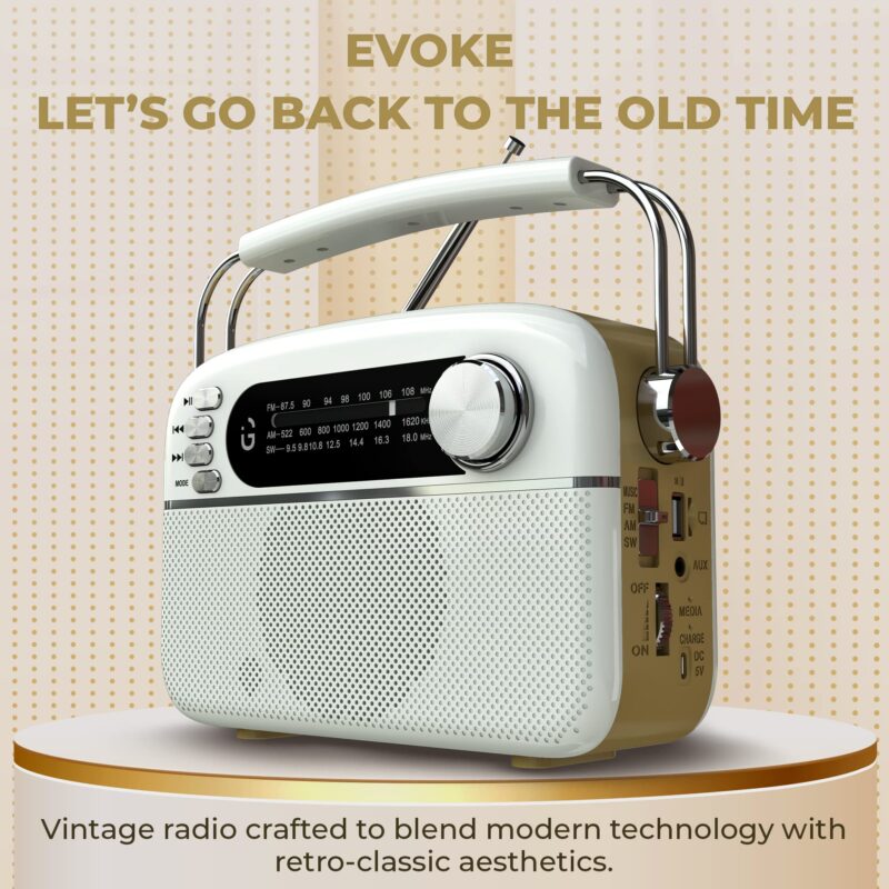 iGear Evoke Retro Modern style Radio and MP3 player with FM/AM/SW, 3 bands, Bluetooth speaker, USB, TF/SD Card, 1200mAh rechargeable battery, Solar charger, Material ABS and Metal, Colour Pearl White and Champagne Gold, 1 Year Free replacement warranty. - Image 8