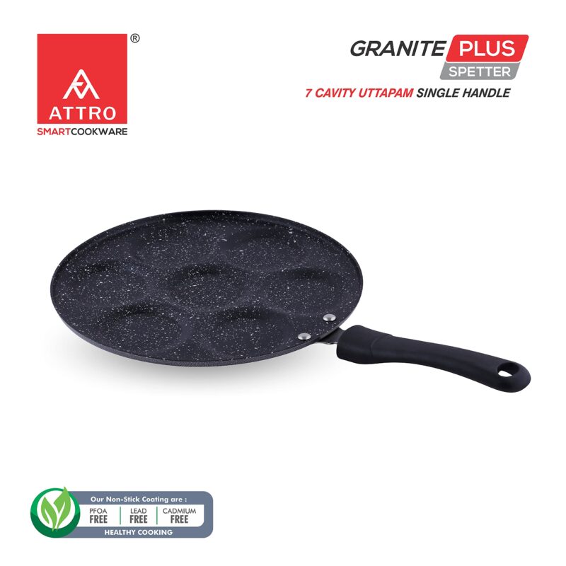 Attro Non Stick Heavy Duty 7 Cavity Single Handle Uttapam Tawa, Spatter Finish, Black - Image 3