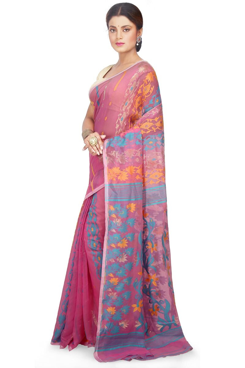 BENGAL HANDLOOM Exclusive Women's Soft Dhakai Patta Jamdani Cotton Silk, Pink Sarees - Image 4