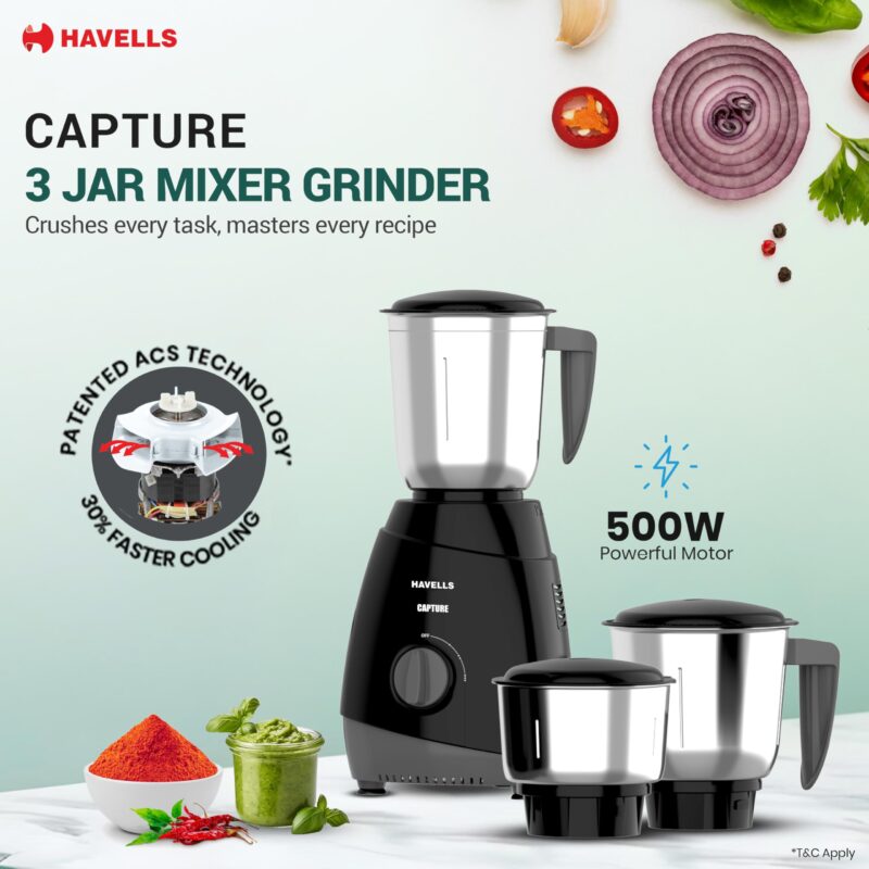 Havells Capture 500 Watts 3 Jar Mixer Grinder, High Speed 21000 Rpm Motor, Rust Resistant 304 Ss Blades,1.5 Ltr Bigger Size Blending Jar, 1 Year Manufacturer Warranty, Black - Image 6