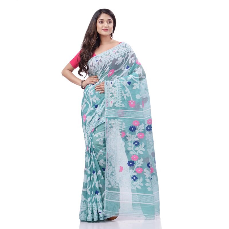 dB DESH BIDESH Women's Rangabati Resham Dhakai Jamdani Pure Cotton Handloom Saree Without Blouse Piece (Firoza, Multicolor) - Image 4