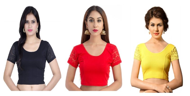 Fressia Fabrics Women's Stretchable Saree Blouse Crop Top Choli (Free Size) - Pack of 3