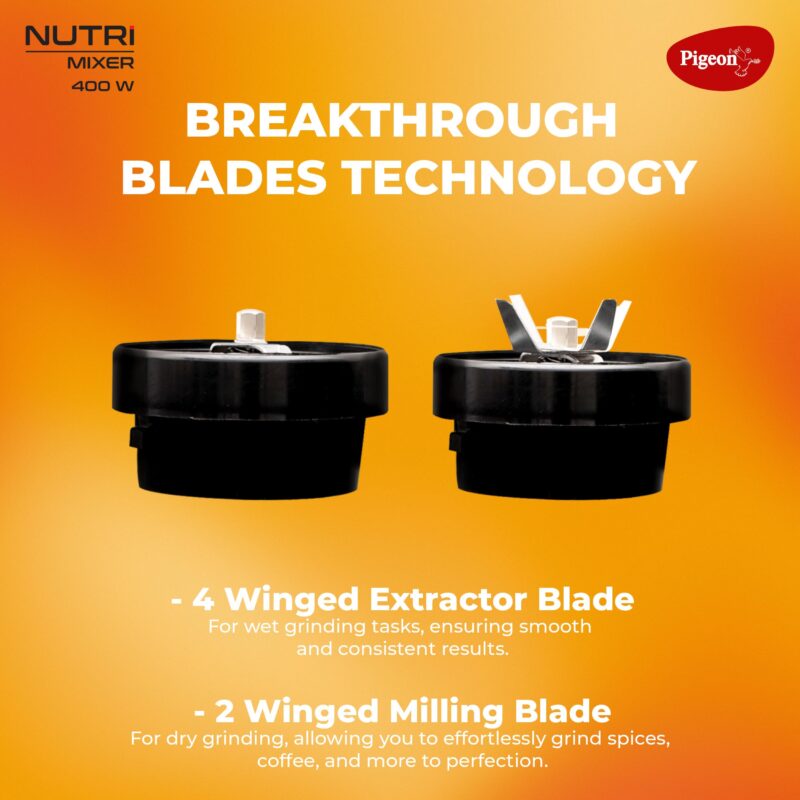 Pigeon By Stovekraft Nutri Mixer | Grinder Juicer Blender Smoothie Maker All-in-1 Machine | 400 Watt | 3 Jars- Multiuse Jar 500ml, Dry Grind 300ml, 1 Sipper, 1 Cap, 1 Strainer |2 Blades|1Year Warranty - Image 2