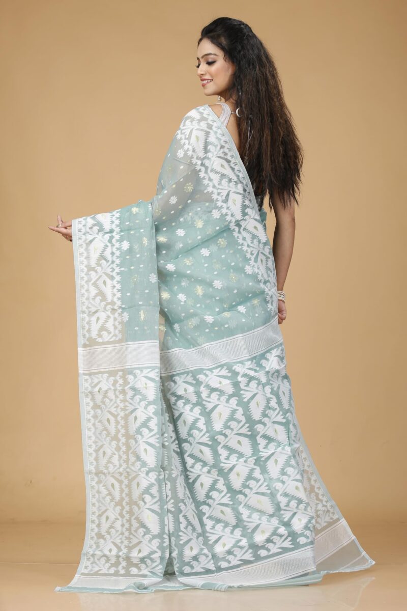 OISHANI SAREE GHOR Women's Traditional Bengal Cotton Silk Soft Jamdani Saree - Beautiful design and Quality - Without Blouse Piece (Pastel Turquoise) - Image 6