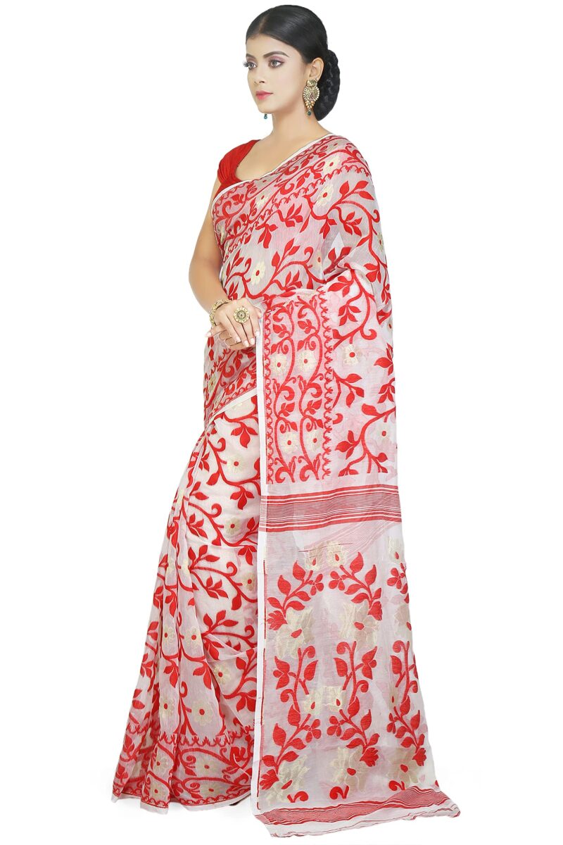 BENGAL HANDLOOM Exclusive Women's Cotton Silk Dhakai Allover Soft Jamdani Sarees (White & Red) - Image 4