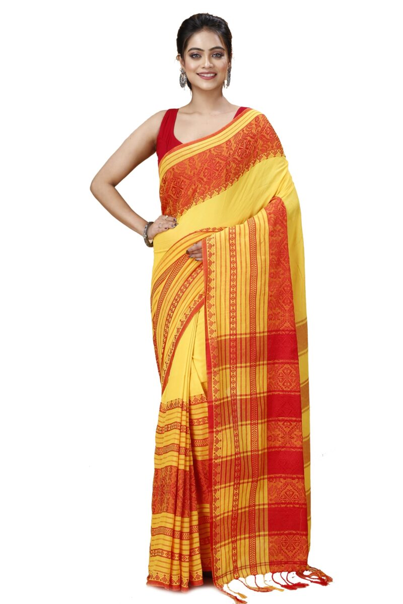 OISHANI SAREE GHOR Women's Traditional Bengal Begampuri Cotton Saree With Blouse Piece (Yellow)