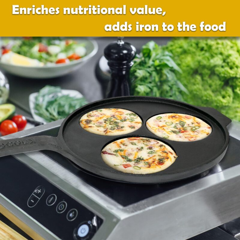 KNOBON Cast Iron Uttapam Tawa | 3 Pit, 26Cm Pancake Pan,Induction Friendly, Naturally Nonstick, 100% Pure & Toxin-Free Uttappam Tawa with Iron Handle| Black - Image 3