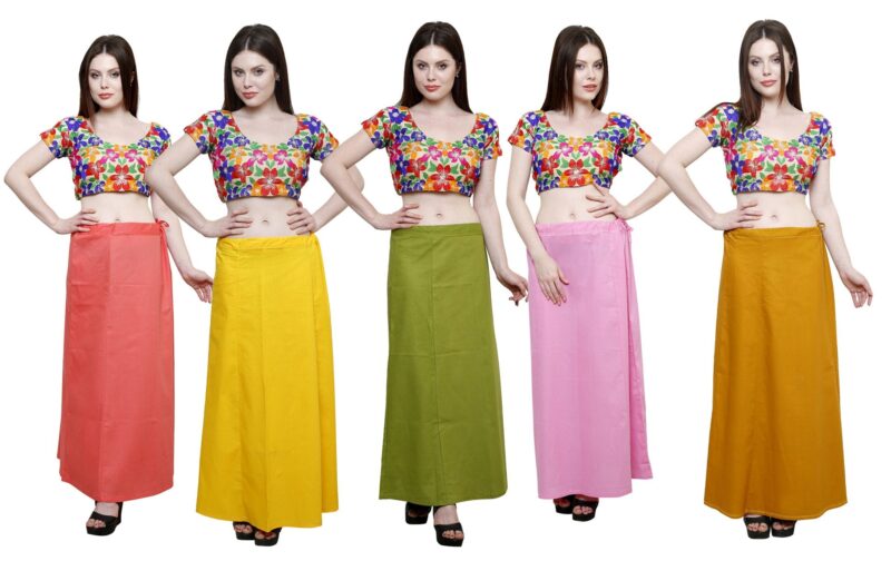 Pistaa's Women's Cotton Saree Petticoat (Peach, Yellow, Mehendi Green, Pastle Pink and Mustard, Free Size) - Pack of 5