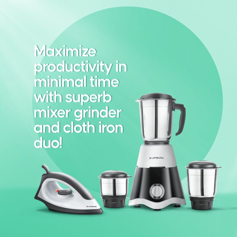Longway Super Dlx 700 Watt Mixer Grinder with 3 Jars for Grinding, Mixing with Powerful Motor & Kwid 1100 Watt Dry Iron | 1 Year Warranty | (Black & Gray, Combo Offer) - Image 3