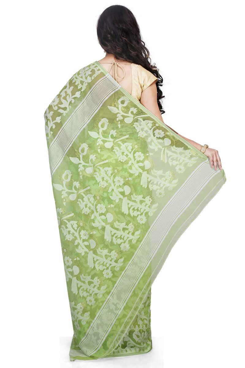 Bengal Handloom Women's Jamdani Cotton Saree Without Blouse Piece (Pakhid_Green) - Image 3