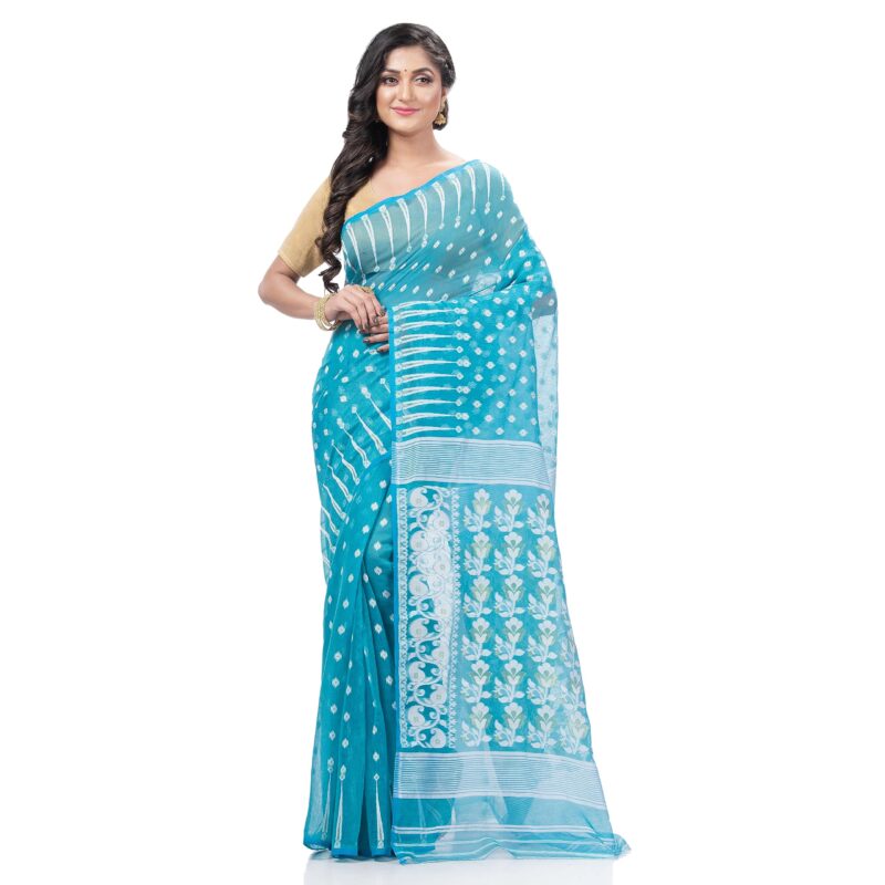 dB DESH BIDESH Women`s Resham Dhakai Jamdani Bengal Pure Cotton Handloom Saree Diamond Queen Design (Blue) - Image 4