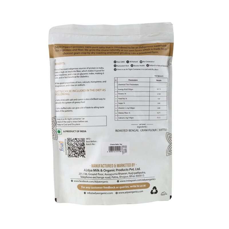 Adya Organics Sattu | 100% Pure & High-Protein Roasted Chana Powder | Chemical-Free & Natural | Perfect for Summer Drinks, Parathas, & Snacks | Healthy & Tasty | 2kg- (Pack of 2) - Image 4