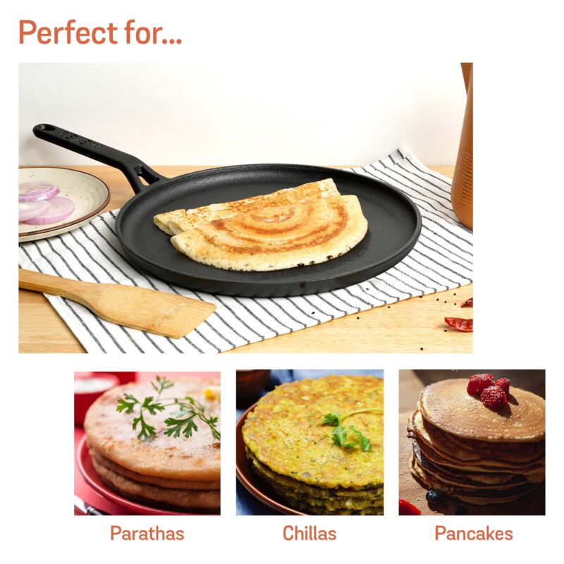 Meyer Pre-Seasoned Cast Iron Flat Dosa/Roti/Chapati Tawa Pan with Stick Handle, Dosa Kallu, Iron Tawa Small Size, Gas and Induction Compatible | 24cm, Black - Image 6