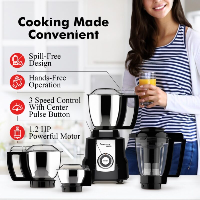 Butterfly Magnum 1.2HP Mixer Grinder with 4 Jars | 100% Copper Motor | 3 Stainless Steel Multipurpose Jars and 1 Juicer Jar | ABS Body | Handsfree Operation | Lifetime Motor Warranty| Black - Image 5