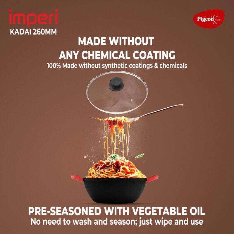 Pigeon by Stovekraft Cast Iron Kadai with Glass Lid | Medium, 26 cm | Naturally Nonstick | Pre-Seasoned Kadhai with 100% vegetable oil | Toxin-Free | High Pressure Casting | Bring Back Nostalgic Taste - Image 4