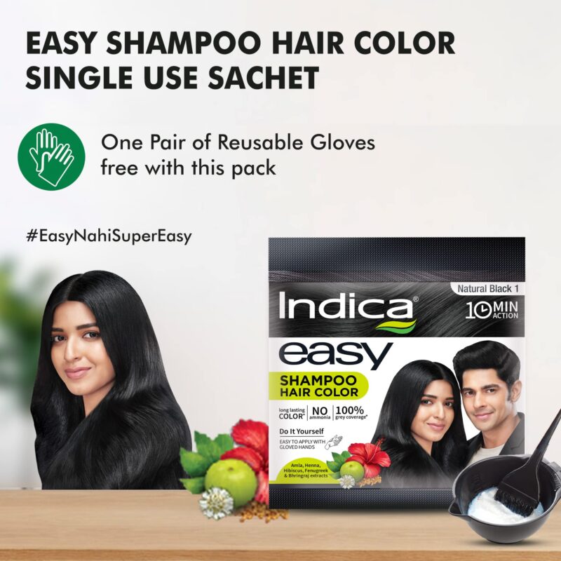 Indica Easy Do-It-Yourself 10 Minutes Hair Color Shampoo with 5 Herbal Extracts and 100% Ammonia Free, Long Lasting Formula, (12.5g + 12.5ml) - Natural Black Colour (Gloves Included) - Image 5