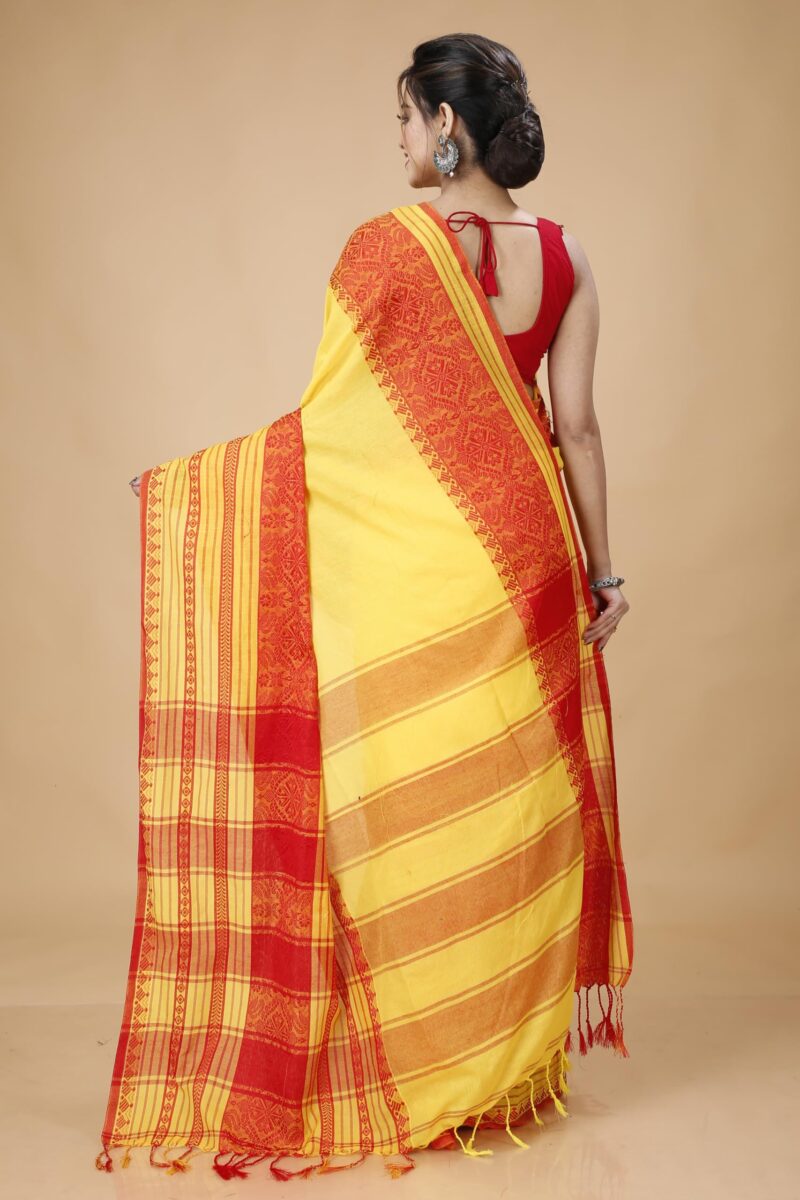 OISHANI SAREE GHOR Women's Traditional Bengal Begampuri Cotton Saree With Blouse Piece (Yellow) - Image 6