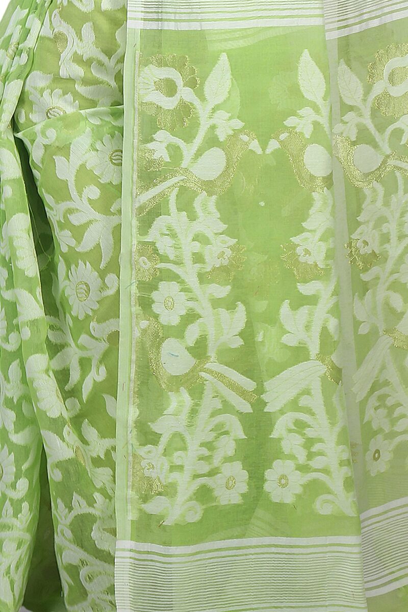 Bengal Handloom Women's Jamdani Cotton Saree Without Blouse Piece (Pakhid_Green) - Image 2