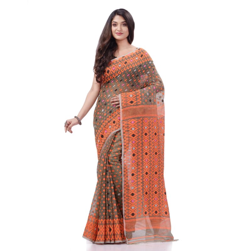 dB DESH BIDESH Women`s Jamdani Sarees For Women Cotton Silk saree Hirokduti Design Cotton Sarees Dhakai Jamdani Sarees For Women Handloom Sarees Without Blouse Piece (Grey Orange) - Image 3