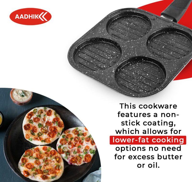AADHIK Non-Stick Grill Pan Mini Pan Uttapam Tawa Aluminum Multi Snack Maker 4 Cavity, Pancake Maker (Black) - Image 7