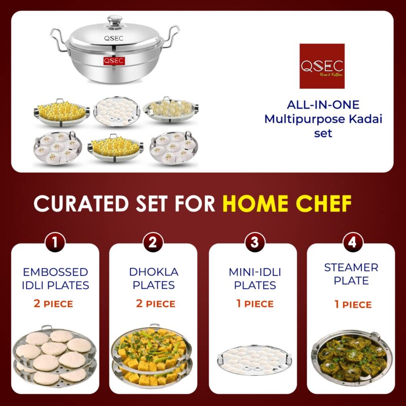 QSEC Triply bottom Idli maker Stainless Steel 4-in-1 Induction base Multi utility Kadai Idli Cooker All-in-One Big Size dhokla Cooker | 6 Plate 2 Idli | 1 mini idli 2 Dhokla 1 Patra Momo Steamer - Image 7