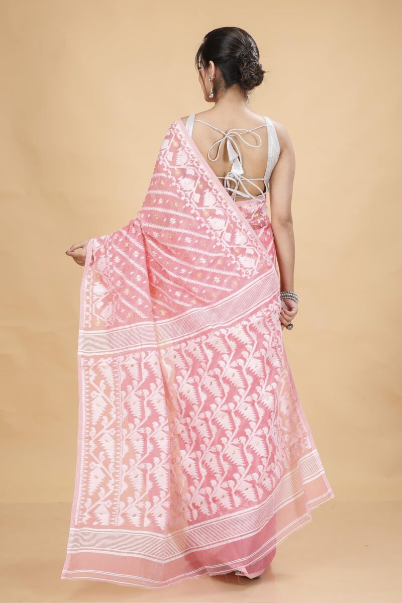 Tant Vastra Women’s Soft Resham Dhakai Karat Jamdani Saree without Starch And Without Blouse Piece (Peach) - Image 3
