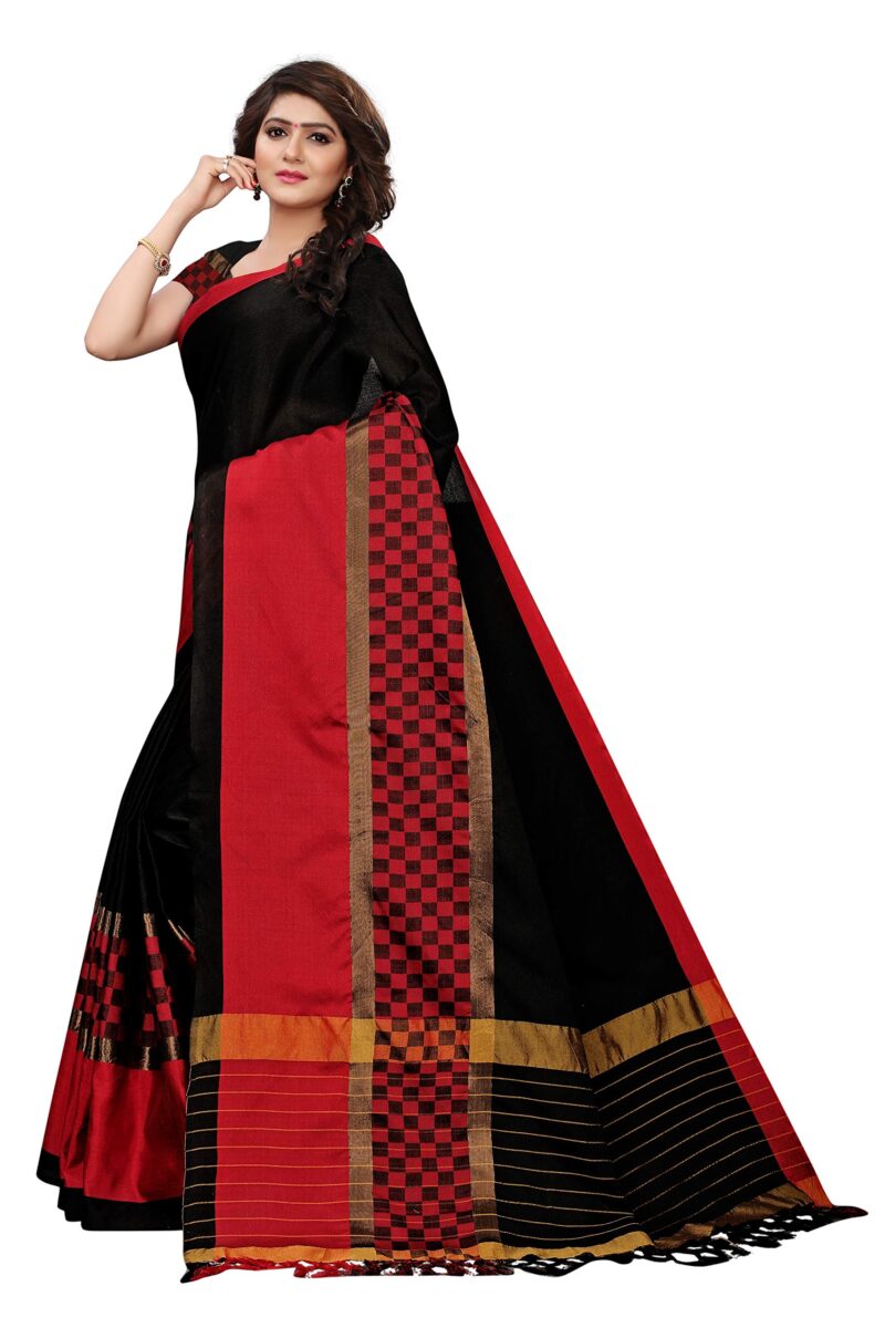 GoSriKi Women's Black Color Cotton Silk Blend Zari Work Saree Border Tassels With Blouse Piece (BOX-ARPAN-BLACK_Free Size) - Image 5