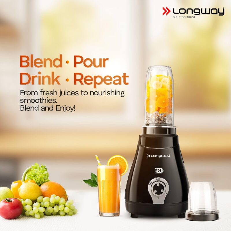 Longway Reo 550 Watt Mixer Grinder with 4 Jars for Grinding, Mixing, Blending, Juicing with Powerful Motor | 1 Year Warranty | (Black & Gray,4 Jars) - Image 7