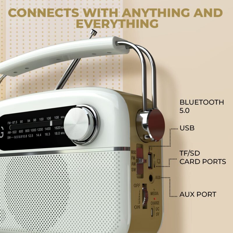 iGear Evoke Retro Modern style Radio and MP3 player with FM/AM/SW, 3 bands, Bluetooth speaker, USB, TF/SD Card, 1200mAh rechargeable battery, Solar charger, Material ABS and Metal, Colour Pearl White and Champagne Gold, 1 Year Free replacement warranty. - Image 6