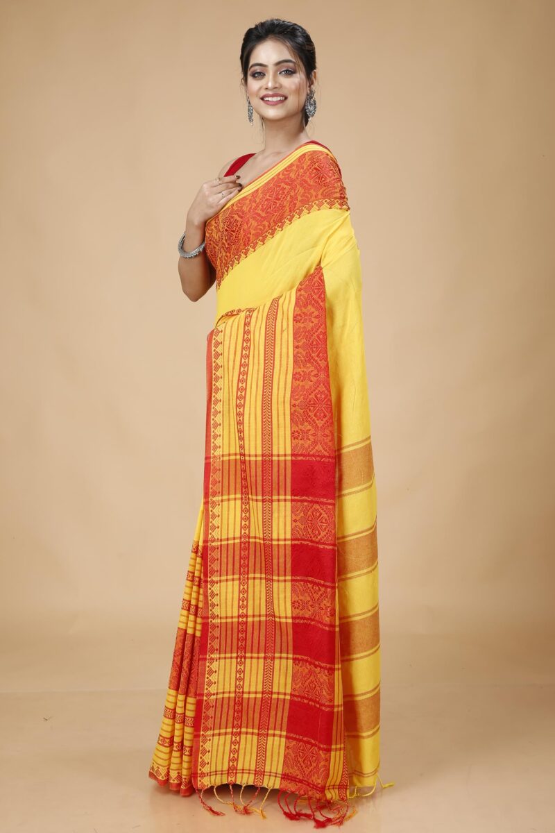 OISHANI SAREE GHOR Women's Traditional Bengal Begampuri Cotton Saree With Blouse Piece (Yellow) - Image 5