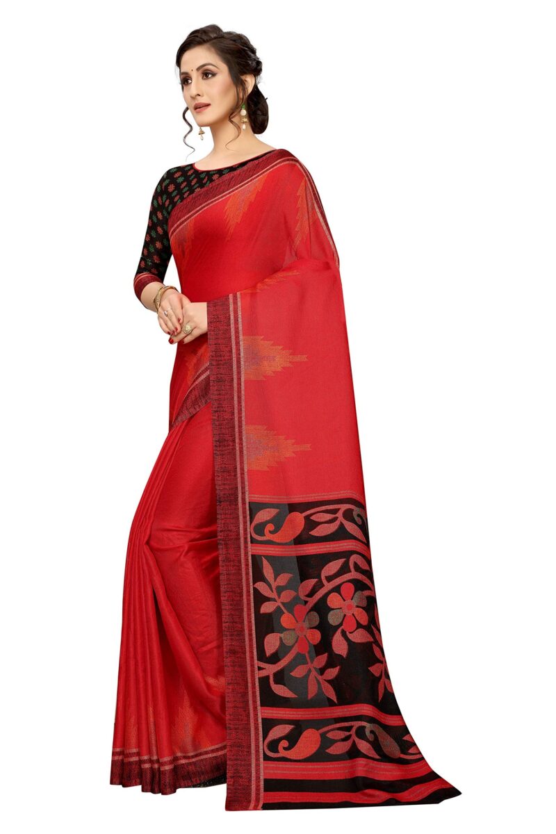 RAJESHWAR FASHION WITH RF Women's Soft Jute Printed Fancy Sarees For Women With Zari Border & Blouse(Red-Black_Free Size 6.30 Mtr) - Image 6