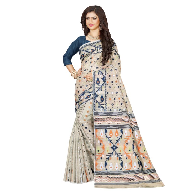 Mayabi Women's Dhakai Jamdani Cotton Silk Saree Traditional Bengali Tant Korat Work, Without Blouse Piece (Creamy White) - Image 4