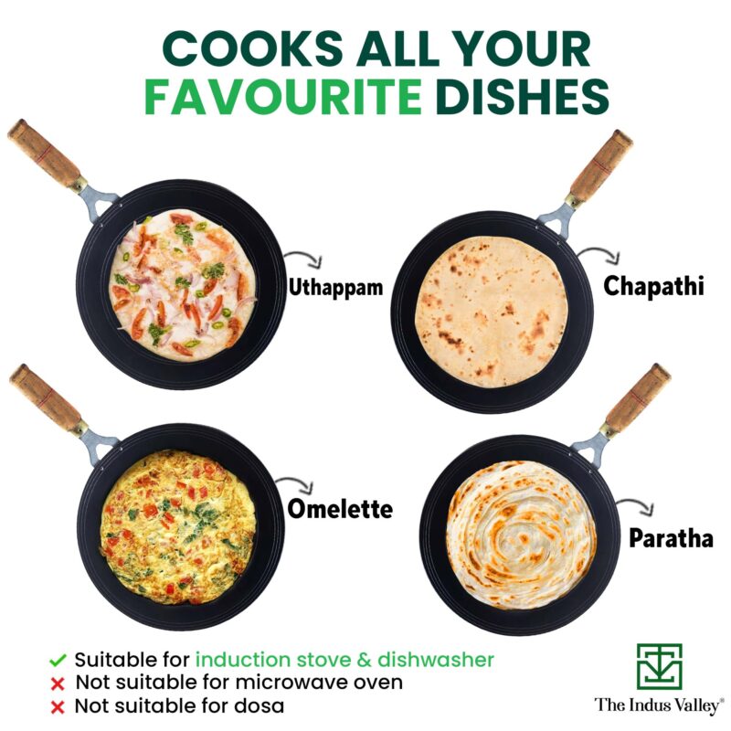 The Indus Valley Pre-Seasoned Iron Tawa for Dosa/Chapathi with Wooden Handle | 27cm/10.6 inch, 0.95kg | Gas Stove Friendly | 100% Pure & Toxin-Free, No Chemical Coating - Image 2