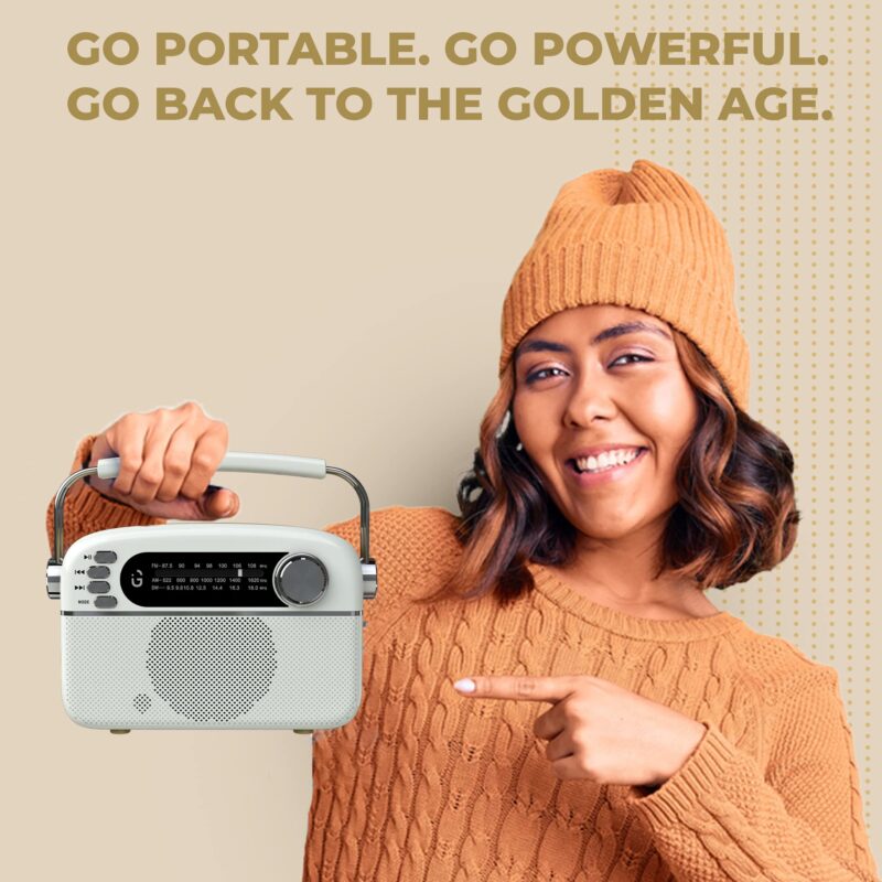 iGear Evoke Retro Modern style Radio and MP3 player with FM/AM/SW, 3 bands, Bluetooth speaker, USB, TF/SD Card, 1200mAh rechargeable battery, Solar charger, Material ABS and Metal, Colour Pearl White and Champagne Gold, 1 Year Free replacement warranty. - Image 7