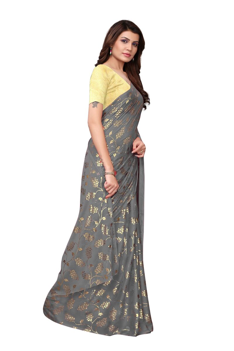 Yashika Silk with Blouse Piece Saree (FOIL Floral Black_Grey_Free Size) - Image 4