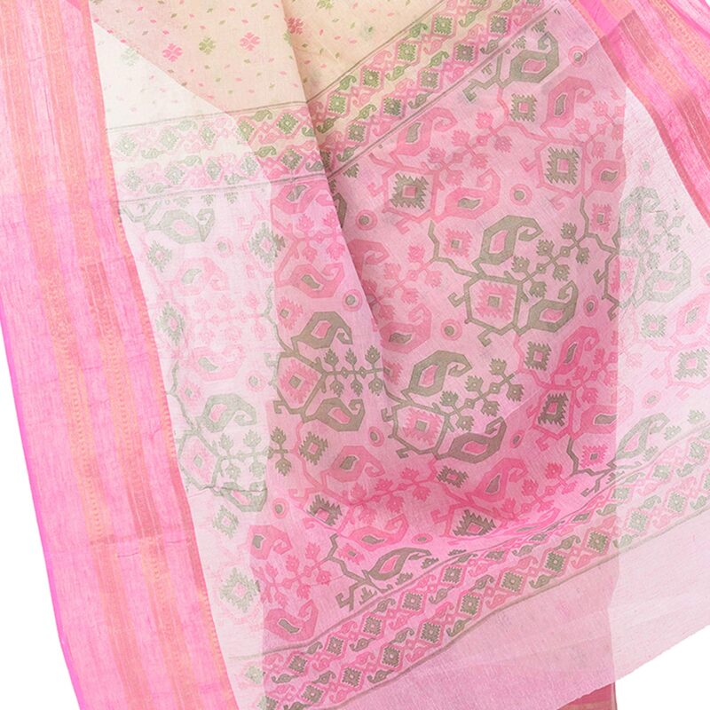 dB DESH BIDESH Women`s Bengal Tant Jamdani Printed Handloom Cotton Saree Without Blouse Piece(Pink) - Image 2