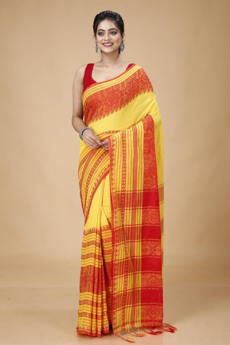 OISHANI SAREE GHOR Women's Traditional Bengal Begampuri Cotton Saree With Blouse Piece (Yellow) - Image 4