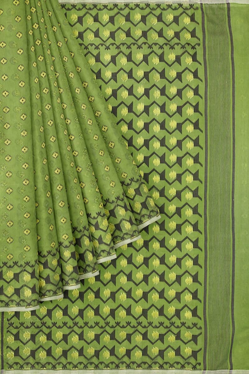 Saree Niketan Women's Traditional Bengal Cotton Silk Dhakai Jamdani Saree. (Green) - Image 3