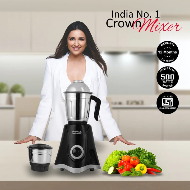 Pringle 2 Jar Mixer Grinder| 500W Powerful Motor | [ISI] Certified | 304 Grade SS Blade| 2 SS Jars Liquidizing Jar (1 Litres) Chutney Jar (0.4 Litres)3 Speed Options with Whip (1 Year Warranty) - Image 9