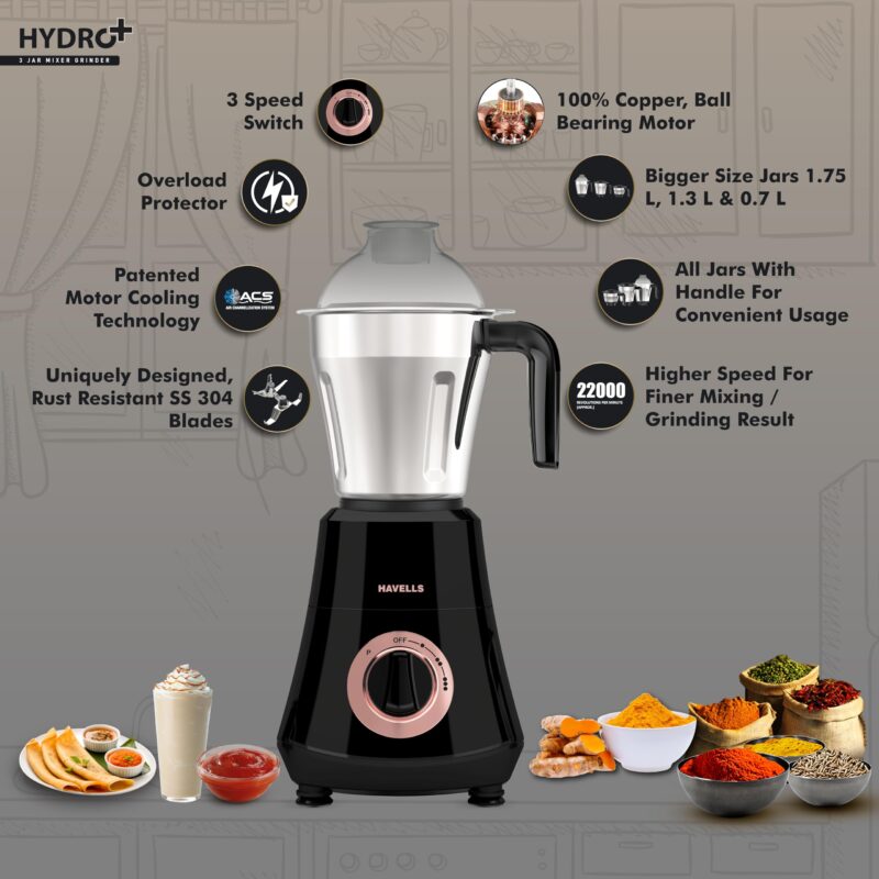 Havells Hydro Plus 1000 watt 3 Jar Mixer Grinder with Ball Bearing Motor, 22000 RPM, Wider mouth Stainless Steel Jar, Hands Free operation, SS-304 Grade Blade & 2 Yr Manufacturer Warranty - Image 7